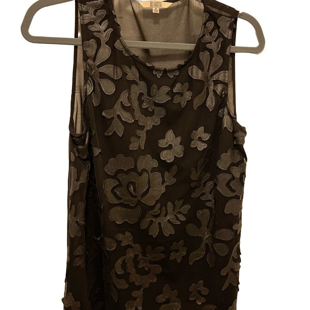 BB Dakota Black Floral Faux Leather Top, Size S